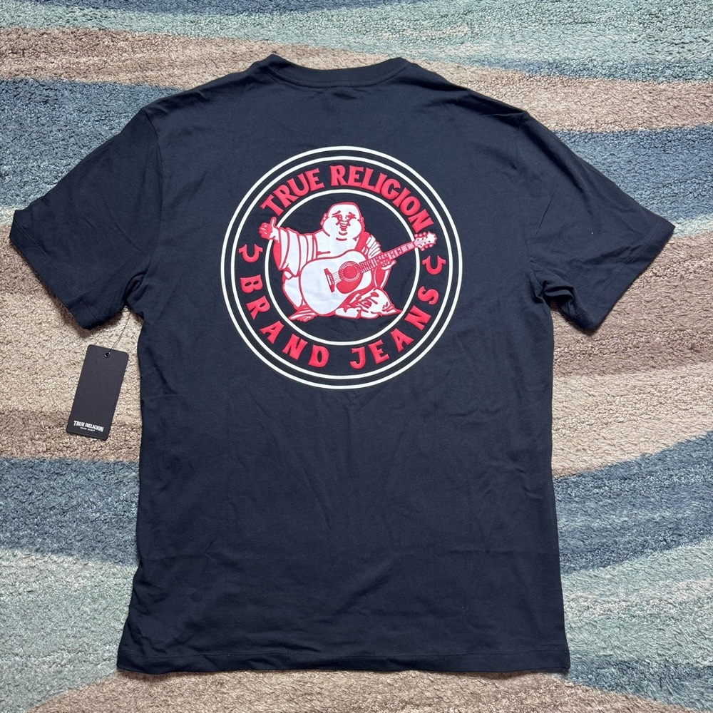 True Religion Men's Navy T-Shirt with Pink Logo - Picture 2 of 7